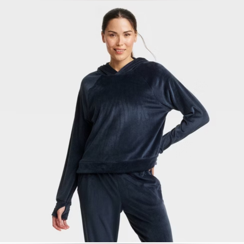 Womens Nwt All In Motion Velour Ribbed Pullover Thumbholes Sweatshirt Hoodie